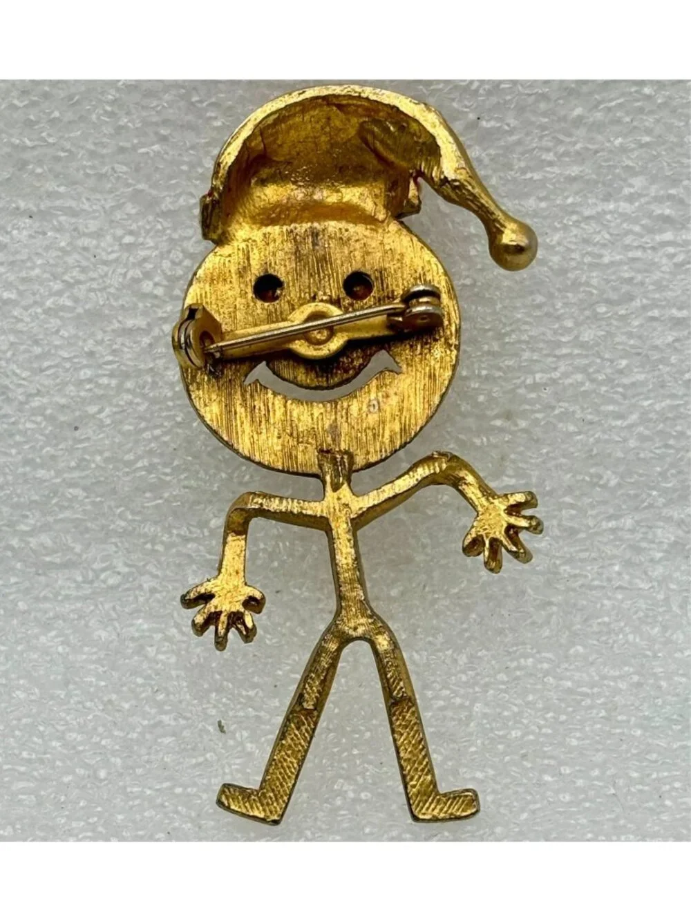1970s Stick Figure Happy Face Santa Enamel Rhinestone Faux Pearl Brooch